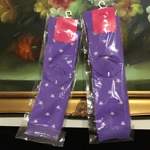 2 NWT Hwa Yu Women Stars KNEE HIGH Thigh High Socks purple 9-11 Made in Taiwan - Picture 2 of 2